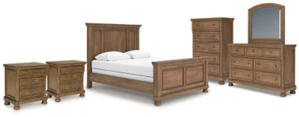 Ashley Vandenmore Medium Brown Queen Panel Bed with Mirrored Dresser, Chest and 2 Nightstands