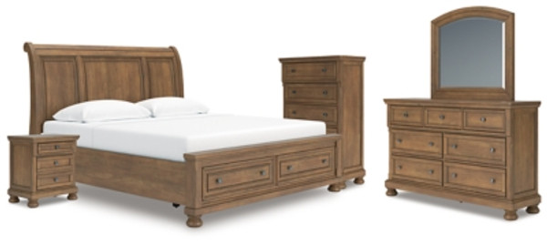 Ashley Vandenmore Medium Brown King Storage Sleigh Bed with Mirrored Dresser, Chest and Nightstand