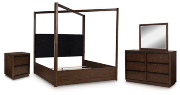 Ashley Kendamor Dark Brown Queen Canopy Bed with Mirrored Dresser and Nightstand