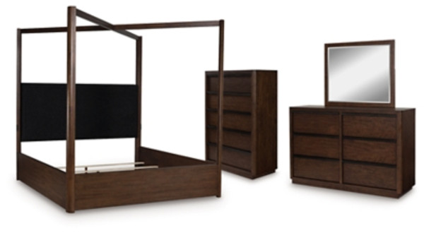 Ashley Kendamor Dark Brown Queen Canopy Bed with Mirrored Dresser and Chest