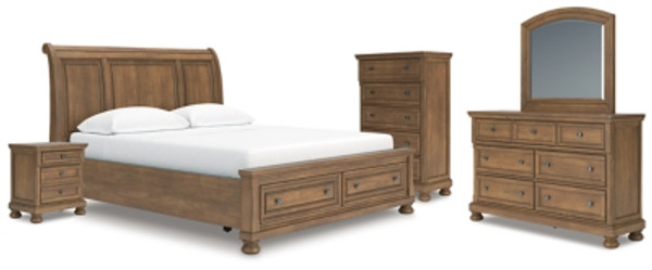 Ashley Vandenmore Medium Brown California King Storage Sleigh Bed with Mirrored Dresser, Chest and Nightstand