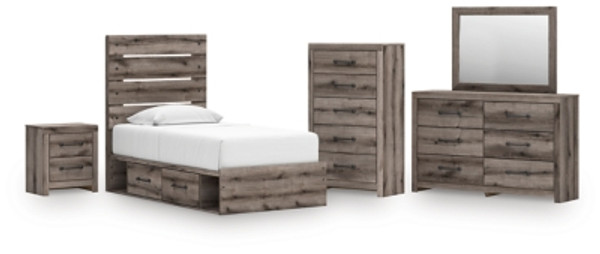 Ashley Urbanoore Brown Gray Twin Panel Storage Bed with Mirrored Dresser, Chest and Nightstand Ashley Urbanoore Brown Gray Twin Panel Storage Bed with Mirrored Dresser, Chest and Nightstand