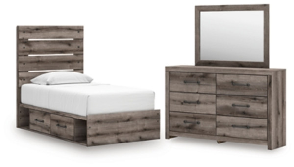 Ashley Urbanoore Brown Gray Twin Panel Storage Bed with Mirrored Dresser