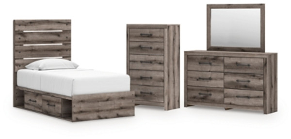 Ashley Urbanoore Brown Gray Twin Panel Bed with Storage with Mirrored Dresser and Chest Ashley Urbanoore Brown Gray Twin Panel Bed with Storage with Mirrored Dresser and Chest