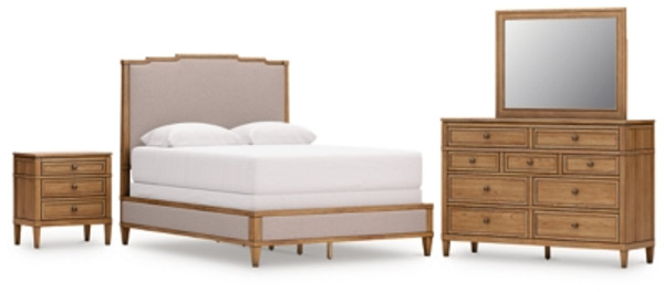Ashley Sharlance Green Brown Queen Upholstered Panel Bed with Mirrored Dresser and Nightstand