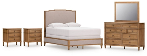 Ashley Sharlance Green Brown Queen Upholstered Panel Bed with Mirrored Dresser and 2 Nightstands