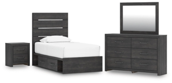 Ashley Delmorta Dark Gray Twin Panel Storage Bed with Mirrored Dresser and Nightstand