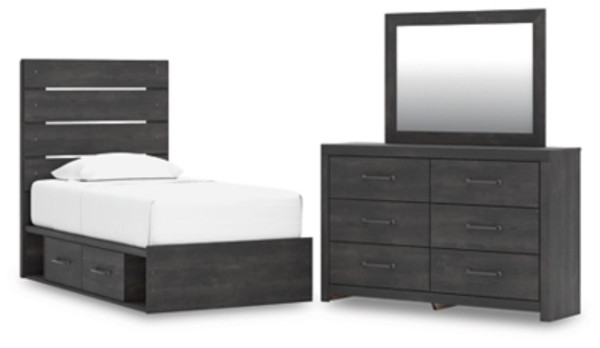 Ashley Delmorta Dark Gray Twin Panel Storage Bed with Mirrored Dresser