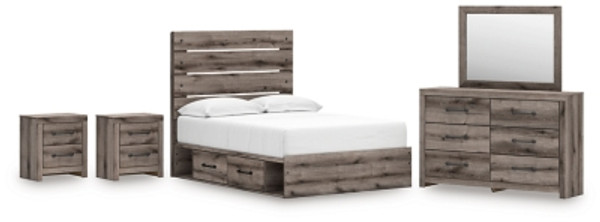 Ashley Urbanoore Brown Gray Full Panel Bed with Storage with Mirrored Dresser and 2 Nightstands