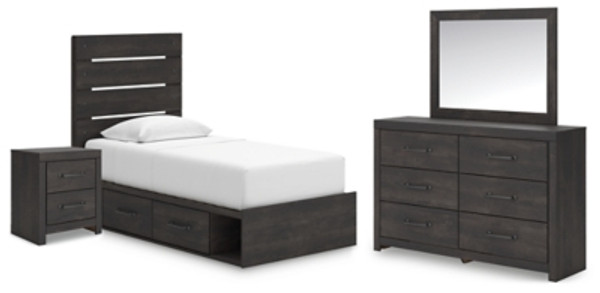 Ashley Delmorta Dark Gray Twin Panel Bed with Storage with Mirrored Dresser and Nightstand Ashley Delmorta Dark Gray Twin Panel Bed with Storage with Mirrored Dresser and Nightstand