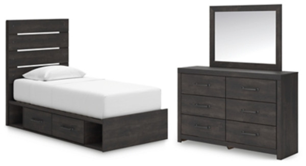Ashley Delmorta Dark Gray Twin Panel Bed with Storage with Mirrored Dresser