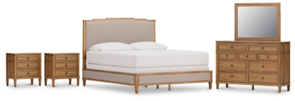 Ashley Sharlance Light Brown California King Upholstered Panel Bed with Mirrored Dresser and 2 Nightstands