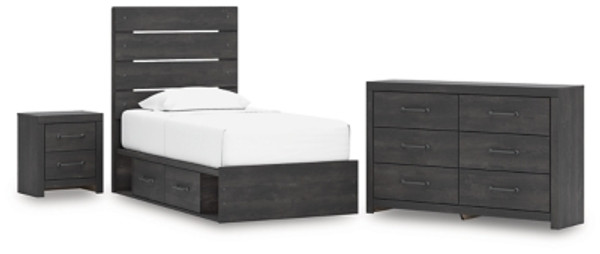 Ashley Delmorta Dark Gray Twin Panel Bed with Storage with Dresser and Nightstand