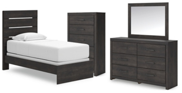 Ashley Delmorta Dark Gray Twin Panel Bed with Mirrored Dresser and Chest