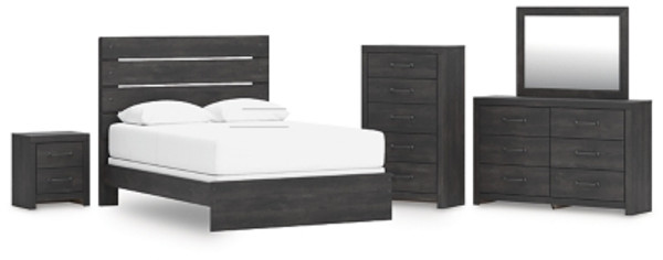 Ashley Delmorta Dark Gray Queen Panel Bed with Mirrored Dresser, Chest and Nightstand