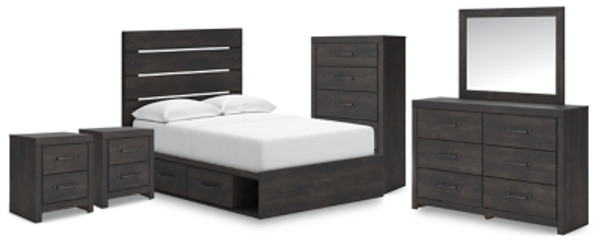 Ashley Delmorta Dark Gray Full Panel Bed with Storage with Mirrored Dresser, Chest and 2 Nightstands