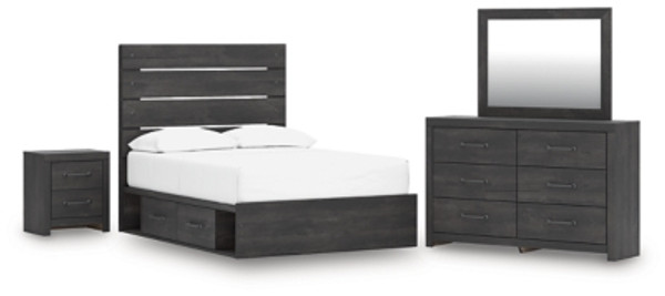 Ashley Delmorta Dark Gray Full Panel Bed with Storage with Mirrored Dresser and Nightstand