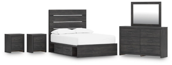 Ashley Delmorta Dark Gray Full Panel Bed with Storage with Mirrored Dresser and 2 Nightstands