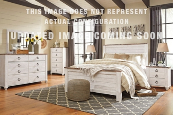 Ashley Willowton Whitewash Full Panel Bed with Storage with Mirrored Dresser and Nightstand