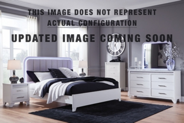 Ashley Frostlyn White King Upholstered Panel Bed with Mirrored Dresser and Chest