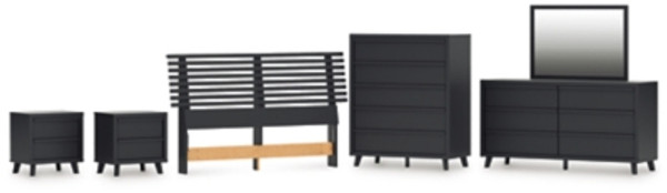 Ashley Danziar Black Queen Panel Headboard with Mirrored Dresser, Chest and 2 Nightstands B1013/57/231/36/345/92(2)