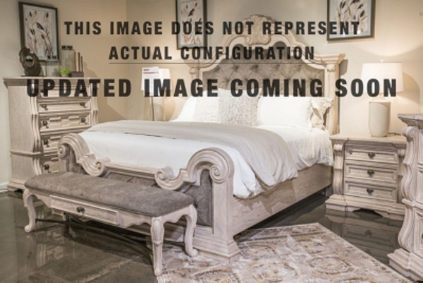 Ashley Andonhall Antique White King Upholstered Panel Bed with Mirrored Dresser and Nightstand