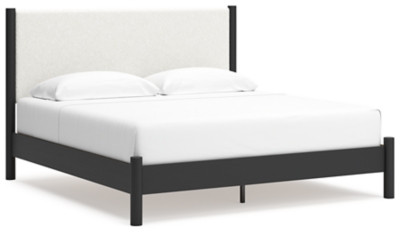 Ashley Cadmori Black White King Upholstered Panel Bed and 2 Nightstands