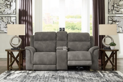 Ashley Next-Gen DuraPella Slate Adjustable Power Reclining Loveseat with Console