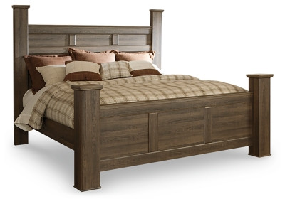 Juararo Dark Brown King Poster Bed with Mirrored Dresser and Nightstand