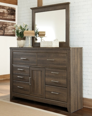 Ashley Juararo Dark Brown California King Poster Bed with Mirrored Dresser, Chest and 2 Nightstands
