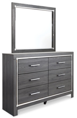 Ashley Lodanna Gray King Upholstered Panel Bed with Mirrored Dresser and Nightstand