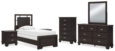 Covetown Dark Brown Twin Panel Bed with Mirrored Dresser, Chest and 2 Nightstands