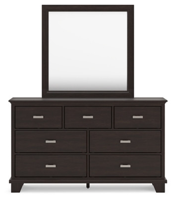 Ashley Covetown Dark Brown King Panel Bed with Mirrored Dresser, Chest and 2 Nightstands