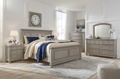 Ashley Lettner Light Gray Queen Panel Bed with Mirrored Dresser, Chest and Nightstand