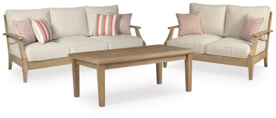 Ashley Clare View Beige Outdoor Sofa and Loveseat with Coffee Table