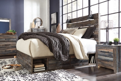 Ashley Drystan Multi Twin Panel Bed with 2 Storage Drawers with Mirrored Dresser and 2 Nightstands