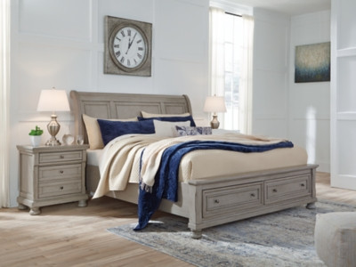 Ashley Lettner Light Gray King Sleigh Bed with 2 Storage Drawers