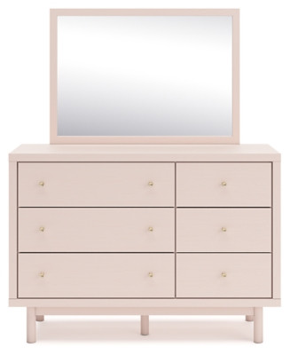 Ashley Wistenpine Blush Twin Upholstered Panel Bed with Mirrored Dresser and Chest