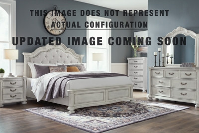 Benchcraft Montelaine Antique White California King Upholstered Panel Bed, Dresser, Mirror and Nightstand