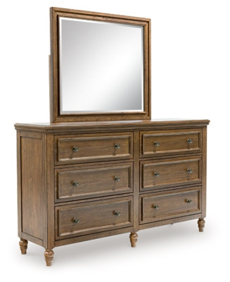 Benchcraft Sturlayne Brown California King Upholstered Panel Bed, Dresser, Mirror and 2 Nightstands