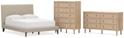 Ashley Cielden Soft Gray Full Upholstered Bed with Roll Slats, Dresser and Chest