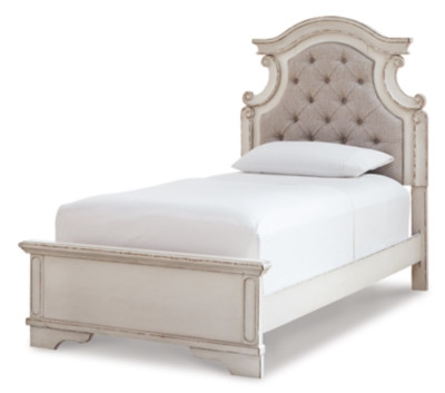 Realyn Chipped White Twin Panel Bed with Mirrored Dresser and Chest