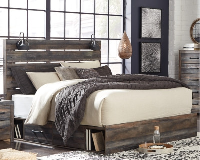 Ashley Drystan Multi King Panel Bed with 2 Storage Drawers, Dresser, Mirror, Chest and Nightstand