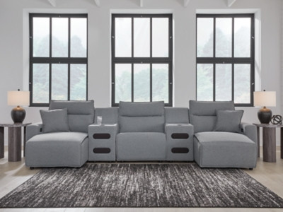 Ashley Modmax II Salt and Pepper 5-Piece Power Reclining Sectional with Chaise and Audio Consoles