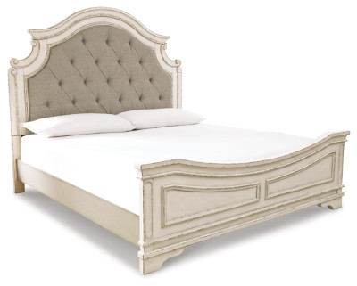 Ashley Realyn Chipped White King Upholstered Panel Bed with Mirrored Dresser and 2 Nightstands