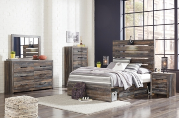 Drystan Multi Full Panel Bed with 2 Storage Drawers with Mirrored Dresser, Chest and Nightstand