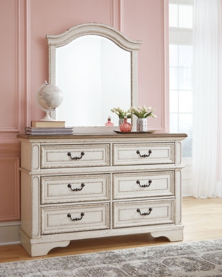 Ashley Realyn Chipped White Full Panel Bed with Mirrored Dresser and Chest
