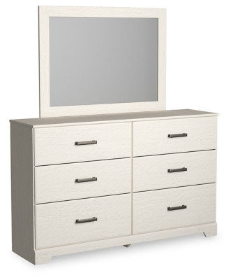 Stelsie White Queen Panel Bed with Mirrored Dresser