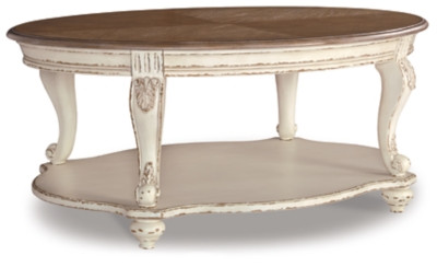 Ashley Realyn White Brown Oval Coffee Table with 1 Mirrored Door Chairside End Table