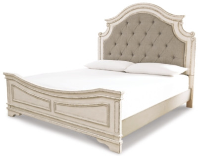 Realyn Chipped White California King Upholstered Panel Bed with Mirrored Dresser, Chest and 2 Nightstands